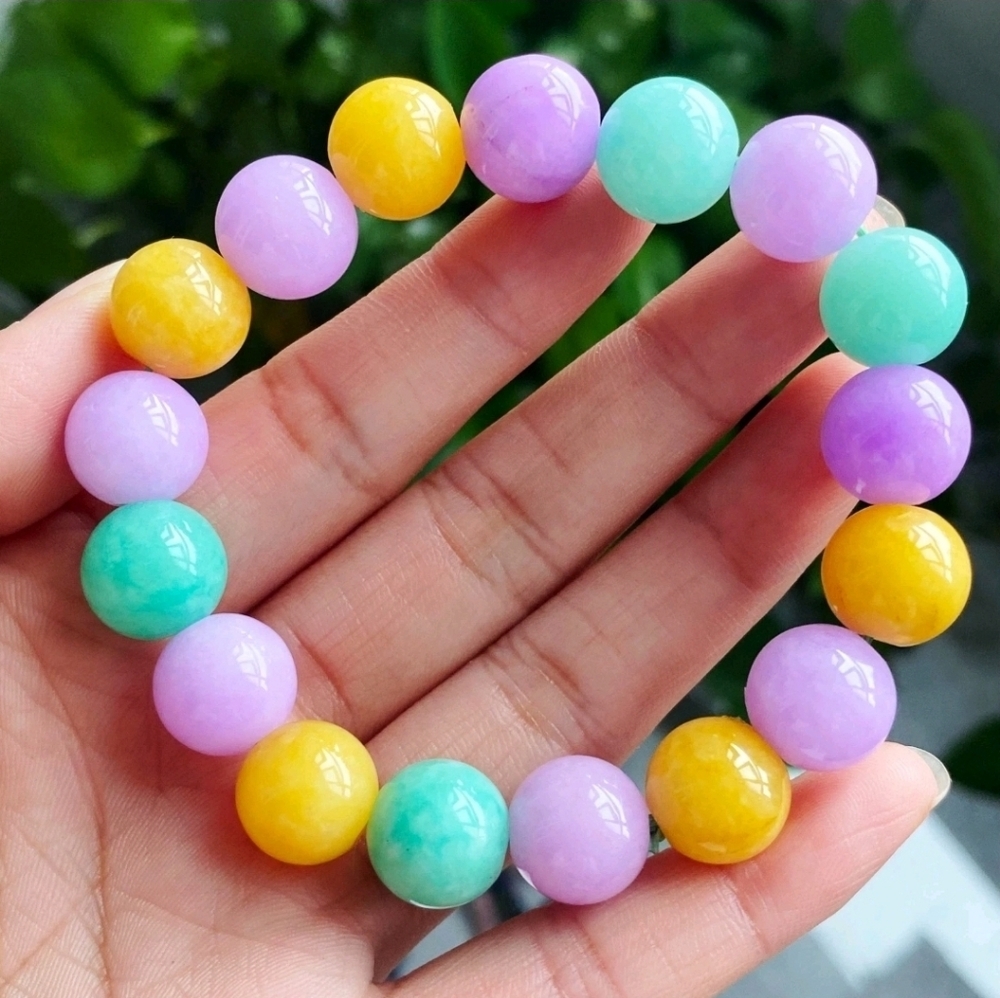 12.4mm Natural Hetian Multi Color Burmese Jade Gemstone Beads Bracelet 6.75"  #1